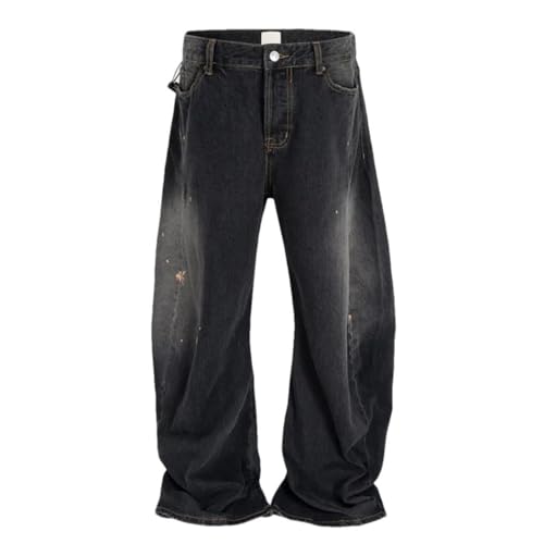 Men's Vintage Washed Blue Cargo Jeans, Retro Loose Fit, Straight Wide Leg Carpenter Denim Pants