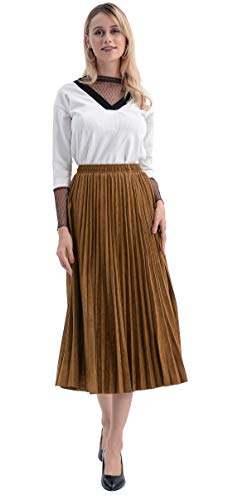 CHARTOU Women's Suede Stretchy High Waist Velvet Pleated Ruffled Midi Long Swing Skirt (Large, Coffee)