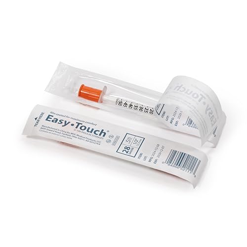 Image of Easy Touch Individually Wrapped 28 Gauge U-100 Insulin Syringes (28G 0.5cc 1 /2 inch) with 1 /2 inch Long Needle, 0.5cc (50 Unit Capacity), Bold Markings for Accurate Dosing, Disposable, Box of 100