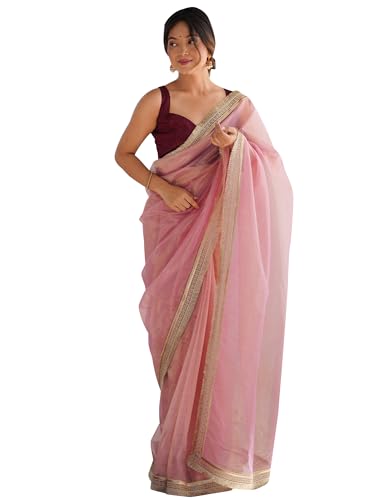 Image of AKHILAM Women's Shimmer Net Solid Saree With Unstitched Blouse Piece