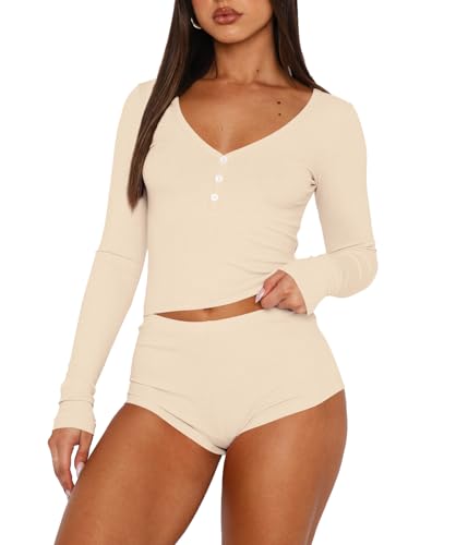 Image of INFITTY Womens Sexy Vneck 2 Piece Sets Casual Long Sleeve Button Short Pajama Outfit 2026 Trendy Crop Top Nightwear