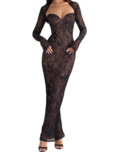 Image of Women Vintage Cream Lace Maxi Dress Romantic Long Sleevees Lace Bodycon Dress