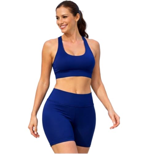 Image of Women's Sports Bra and Shorts Set, Black, Non-Padded Racerback Top with High Waist Compression Shorts for Gym, Yoga, Running, Cycling, Swimming (IN, Alpha, S, Regular, Big, NAVY BLUE)