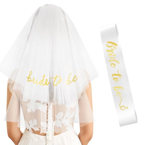 Dagelar Gold Bride to Be Sash Veil for Bachelorette Party Accessories, 2 Pack Bride to Be Decorations Set for Women and Girls, Bridal Shower Decorations, Engagement Gifts for bride