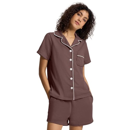 SIORO Button Down Pajamas Set for Women Short Sleeve Sleepwear Lightweight Waffle Knit Loungewear Shorts Set Nightwear3