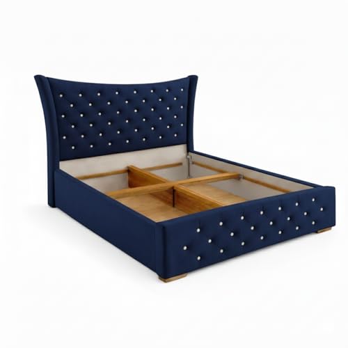 Image of Pearl Upholstered Queen Size Bed with Box Storage for Bedroom | Elegant Wooden Double Bed with Storage | Platform Cot Palang with Tufted Headboard | 6.5 x 5 Ft | Sheesham Wood | Navy