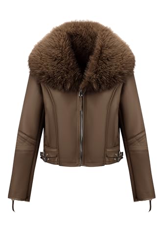 Geschallino Damen Kunstleder Wildlederjacke Sherpa gefüttert Warmer Winter Biker Mantel mit Pelzkragen 267 Camel L
