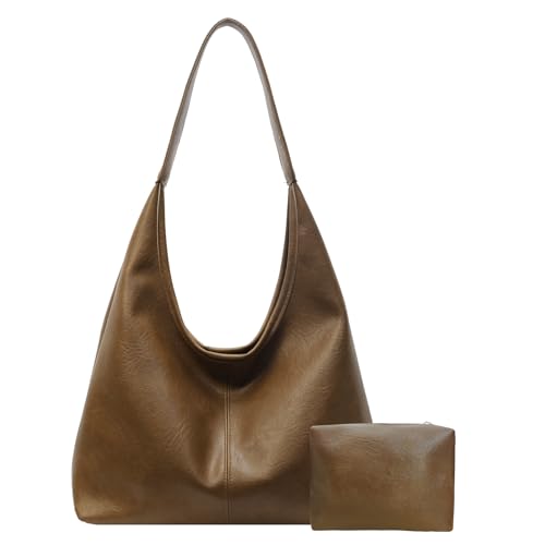 Leather Hobo Bags for Women Slouchy Tote Bag Retro PU Leather Purse Soft Shoulder Handbags Large Work Tote Bag 2pcs