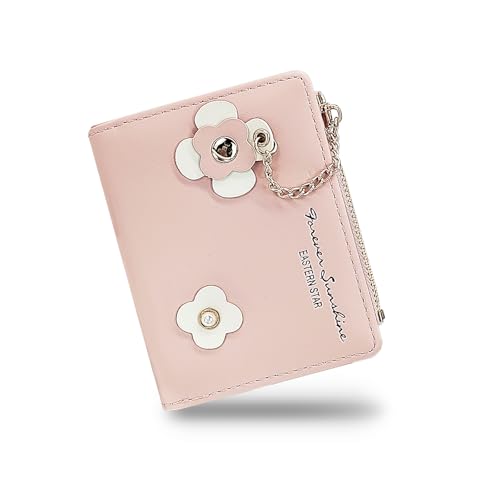 Andiker PU Leather Small Purse for Women, Compact Bi-fold Ladies Purse with Floral Buckle Zipper Coin Pocket (Pink)