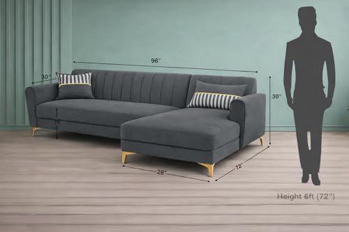 Image of Adorn India Premium Luster 6 Seater L Shape Sofa Set | Velvet Suede Fabric | 3-Year Warranty | RHS |Color Dark Grey with Golden Legs & Striped Pattern Cushion