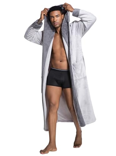 SlumberMee Mens Robe with Hood Heavyweight Flannel Bathrobe for Men Full Length House Coat with Secure Sewn-in Belt Fleece Plush Bathrobe Luxurious Housecoat(Silver Grey XL)