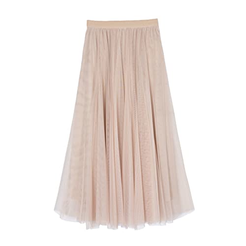 iyoimono Damen Tüllrock Falten Rock Höhe Taille A Line Mesh Freizeit Fashion Skirt Spitze Rock Midi Plisseerock Lässig Frühlingsrock（Elfenbein）