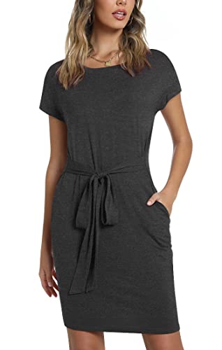 Popyoung 2023 Women's Summer Short Sleeve T Shirt Dress Casual Tie Waist Dresses With Pockets Large, Hemp Gray #TOP2