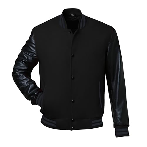 Image of Red And Black Letterman Jacket Men - Mens Black Varsity Letterman High School Baseball Bomber Jacket