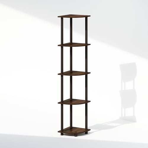 Image of Furinno Turn-N-Tube Storage Shelves, 5-Tier Book Shelf, Corner Shelf, Toolless Open Shelves, for Organization and Storage, Living Room, Home Office, Hallway, Bedroom, Walnut