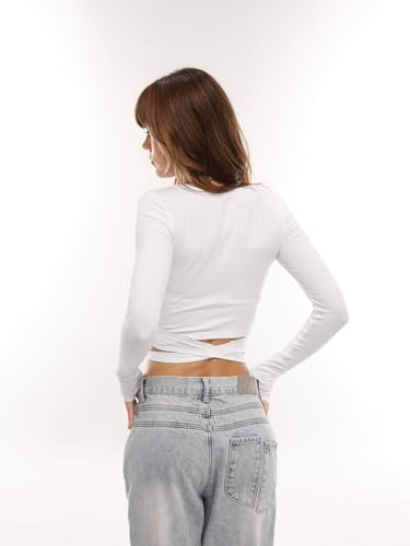 Danysu Ballet Wickeloberteile Langarm Crop Shirts mit Gekreuzten Bändern für Damen Tiefer V-Ausschnitt Tanzkleidung Y2k Cardigans Weiß S