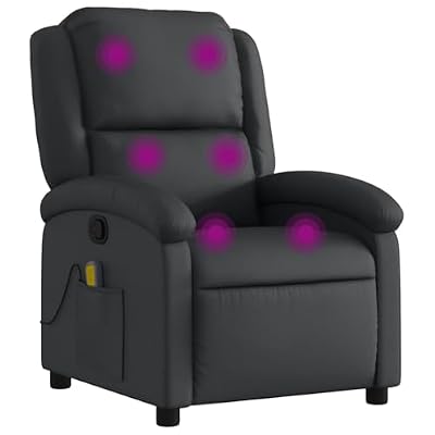 Manual Recliner Chair with 6 Vibration Massage Points, Black Real Leather Upholstered Armchair with 135 Degree Tilt, Side Pocket and USB Powered Hand Control