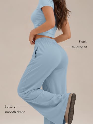Image of Trendy Queen 2 Piece Matching Summer Lounge Set Womens Side Ruching Top Wide Leg Pants Sets with Pockets