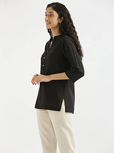 Image of SAADAA Women Short Kurti Airy Linen Regular Fit Kurta with 3 /4th Sleeves, Mandarin Collar, Side Slit Perfect for Casual, Formal, and Ethnic Wear