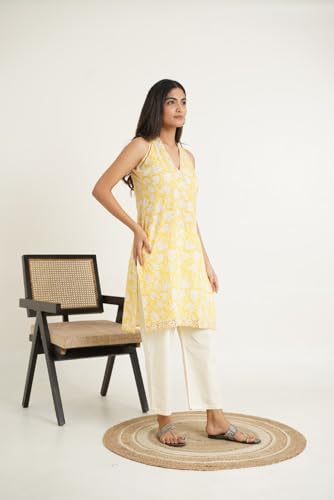 Image of GOODHAND Chic Cotton Halter Kurti with Timeless Block printsPerfect for Casual outings or Festive Flair-Where Traditional Charm Meets Modern Silhouette