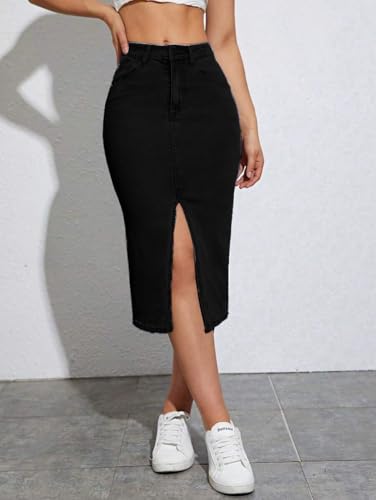 Image of Tagas Women High Waist Denim Midi Skirt with Front Slit | Stretchable Bodycon Pencil Skirt | Casual & Stylish Knee Length Skirt