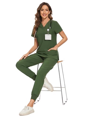 COZYFIT Scrubs for Women Set - Stretch V-Neck Scrub Top & Jogger Pant with 8 Pockets, Yoga Waistband, Slim Fit COZY SCRUBS - Army Green, 5XL, Tall