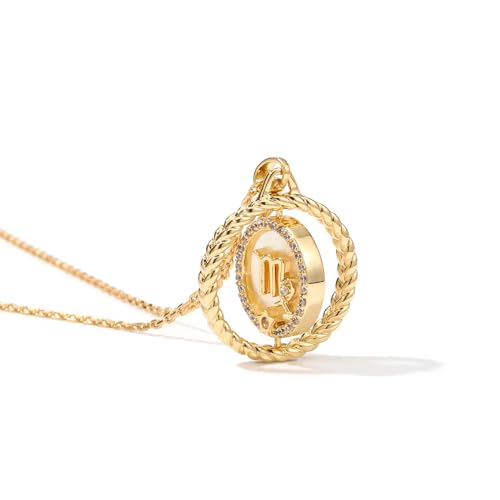 14K Gold Dainty Zodiac Necklace for Women,Gold Plated Rotatable 12 Constellation Astrology Necklaces Birthday Jewelry Gifts2