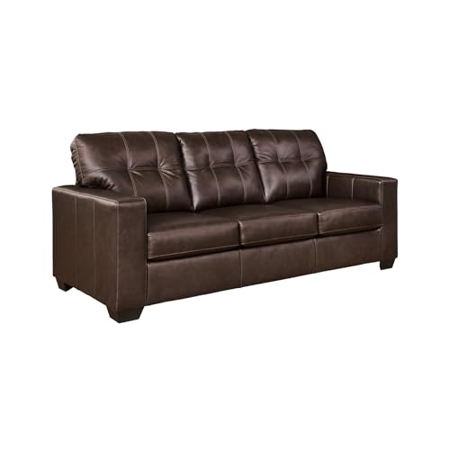 Image of Signature Design by Ashley Queen Pull Out Couch, Leather & Faux Leather | No assembly required for quick setup, 100% top-grain leather touch cushions, 4-in memory foam pull out bed, Santorine Series