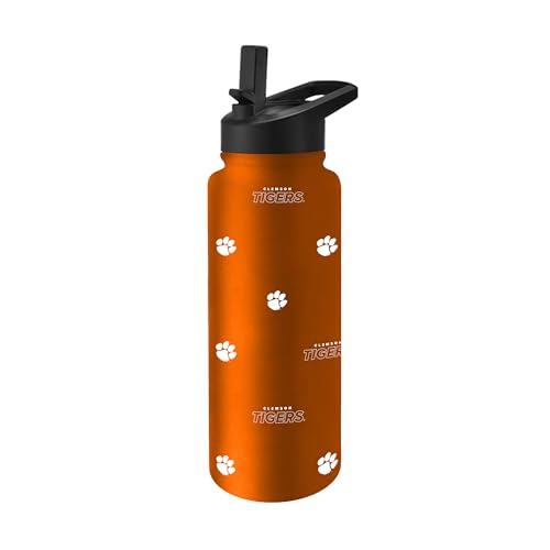 Image of Logo Brands NCAA Clemson Tigers Step & Repeat 34 oz Stainless Steel Quencher Bottle - All Over Logo Design, No-Spill Lid, Easy Carry Handle - Keeps Drinks Cold For Hours