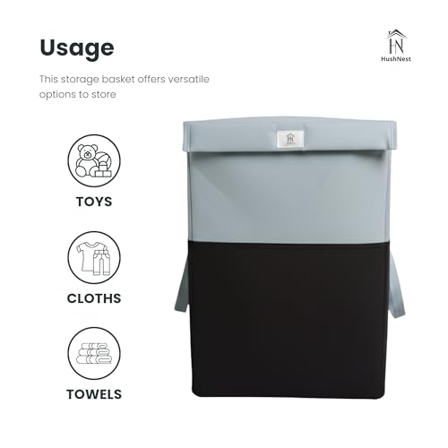 Image of 75L Foldable Laundry Basket with Lid | Large basket for Clothes, Toys | Freestanding & Collapsible Storage Hamper | Toy Storage | Washing cloth bin (Grey & Black)