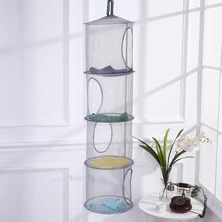 Offfay Hanging Mesh Storage Net, Hanging Toy Storage, 4 Compartment Foldable Hanging Storage Basket, Space Saving Organizer for Soft Toys Clothes Sundries
