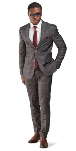 Slim Fit Suit 2 Button Peak Lapel Windowpane Plaid Vest Optional 35071