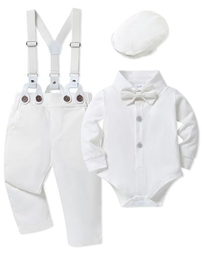 Image of nilikastta Baby Boy Wedding Outfits Infant Baby Boy Clothes Suit Dress Shirts /Suspender Pants /Bowtie /Beret Hat 0-18M