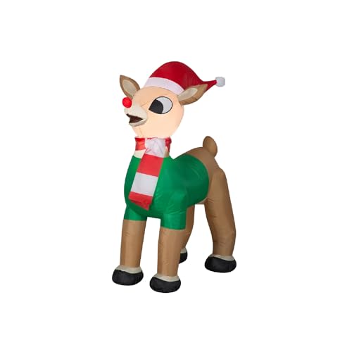 Gemmy Christmas Inflatable Rudolph The Red Nosed Reindeer in Santa Hat and Scarf, 3.5 ft Tall, Multi