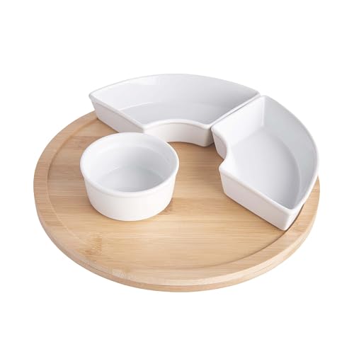 BUTLERS Set Snackschalen & Dipschalen | 5 Porzellan Schalen mit rundem Teller aus Bambus Ø26cm -APPETIZER- Servierschalen Set für Snacks, Fingerfood, Obst | Snackteller mit Fächern