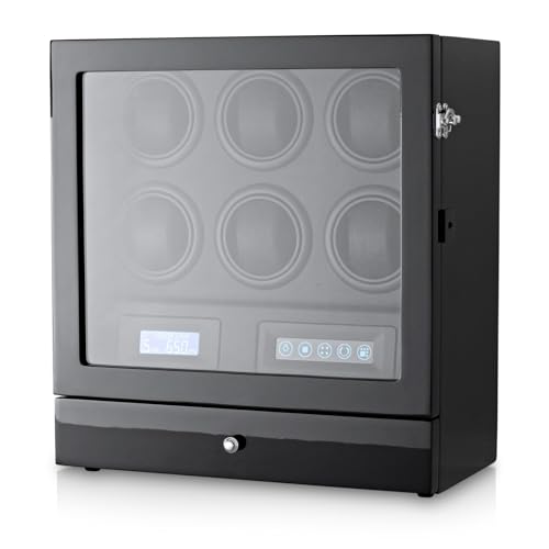 Automatic Watch Winder with LED Light, Storage Drawer and LCD Touchscreen Control (Black + Black)
