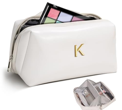 VFMBL Monogrammed Makeup Travel Bag, Open Flat Cosmetic Pouch with Multi Compartment, Specialized Birthday Gift for Women, Cute Trendy Stuff for Girls, Waterproof Portable Toiletry Bag
