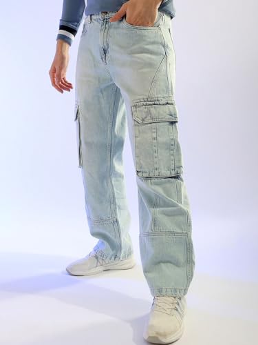 Image of The Indian Garage Co Men Relaxed Fit Solid Mid-Rise Cargo Denim