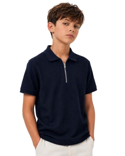Image of Alan Jones Clothing Boys Polo T-Shirt with Zipper Closure | Honeycomb Knit Cotton Blend Half Sleeve Tshirt | Age 6-16 Years