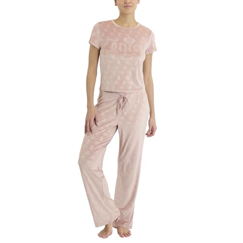Image of Juicy Couture Women's 2 Piece Velvet Fleece Short Sleeve Shirt and Pants Lounge Sleepwear Set