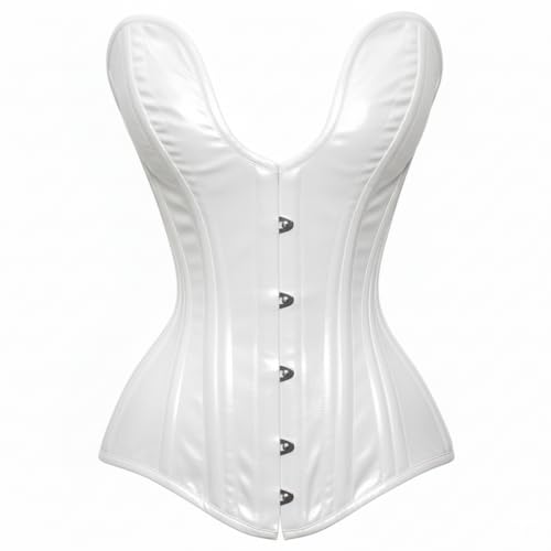 HKP CRATIVE Women's PVC Overbust Corset – Shiny Metallic Bustier Top with Steel Boning & Front Busk Closure for Party, Clubwear (US, Alpha, 3X-Small, Regular, Regular, White)