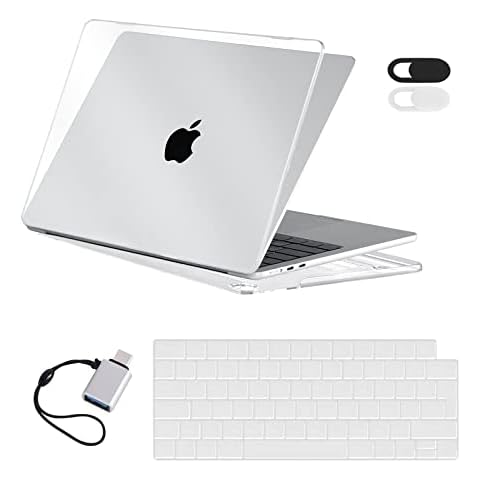 EooCoo Case compatible for NEW Macbook Air 13.6 inch M2 A2681 with Touch ID, 2022 Release, Plastic Hard Shell + Keyboard Cover + Camera Privacy Cover + USB C to USB Adapter, Crystal Clear Cover