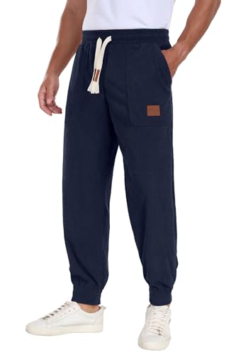 Askdeer Mens Corduroy Joggers Pants Casual Cargo Pants Drawstring Elastic Waist Baggy Tapered Sweatpants with 3 Pockets Navy Blue2