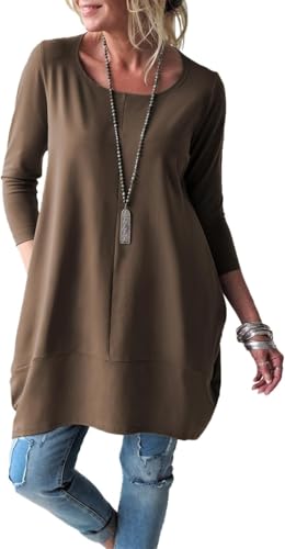 Fangetey Long Sleeve Tunic Tops for Women Casual Round Neck Fall Blouses Loose Fit Shirts