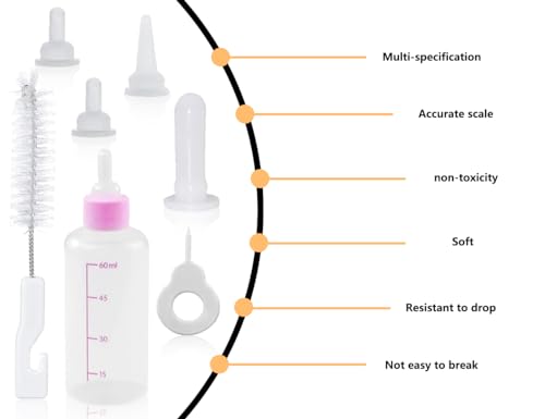 KAPSING Aufzuchtflasche Haustier Set, 60mL Kleine Katze Hunde Aufzuchtflasche, Haustier Babyflasche Kit, Enthält Flasche, Saugern, Bürste und Durchgangsloch Nadel(Rosa)