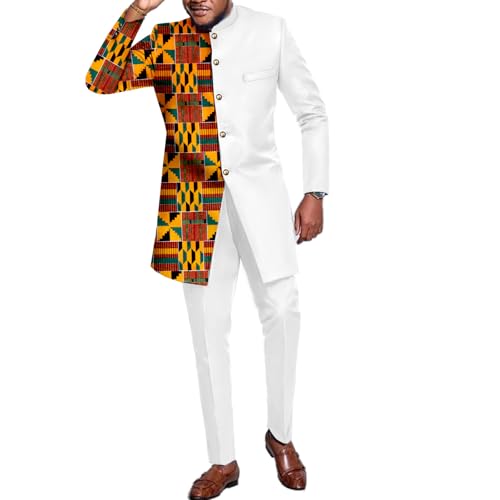 African Suits for Men Fashion Kente Stitching Jacket Pants Outfit 2 Piece Sets Nigerian Clothes Attire Clothing