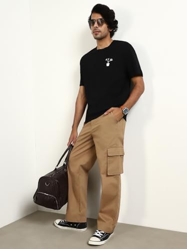 Image of NOBERO Men's Straight Fit Mid Rise Wanderer Travel Cargo Pants | Multiple Pockets | | Lowers for | Casual Wear | Sports | Gym | Trek | Lowers