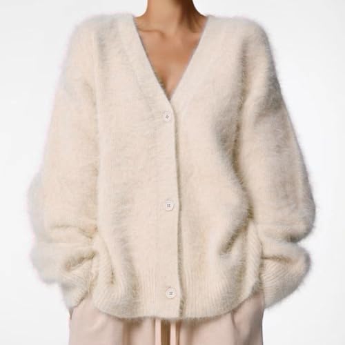 Image of chouyatou Women Furry Open Front Cardigan V-Neck Loose Casual Fluffy Knit Button Down Sweater Coat