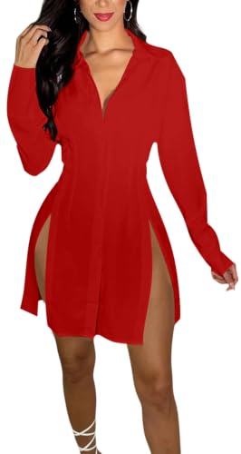 Image of Shirt Dress for Women Sexy Button Down Date Night Dresses Ruched Slit Stand Collar Long Sleeve Blouses