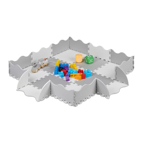 Relaxdays Tappeto Puzzle in 25 Parti, in Gommapiuma Eva, Atossico, 3 x 3 m, con Bordo Rialzato, Antiurto, Grigio/Bianco, Set di 25